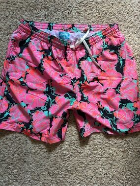 chubbies Neon Pink Floral Swim Shorts with Mint Accents